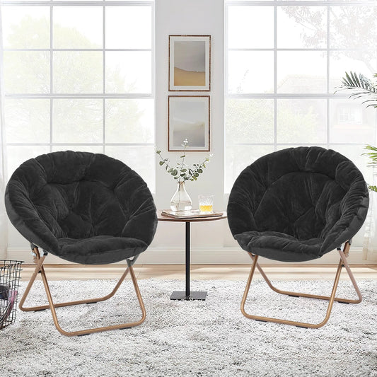 Magshion Set of 2 Saucer Chair Soft Faux Fur Folding Accent Chair, Black