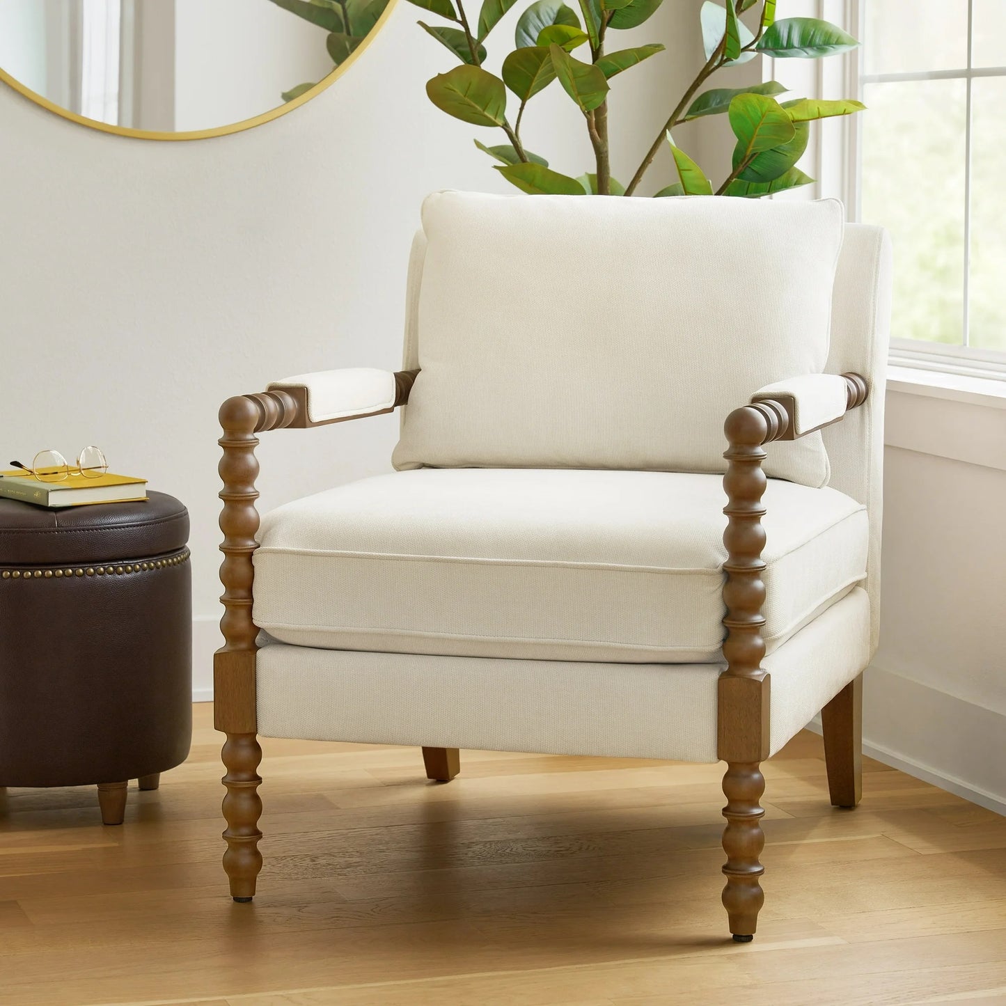 Harper Spindle Accent Chair, Antique White Fabric Upholstery